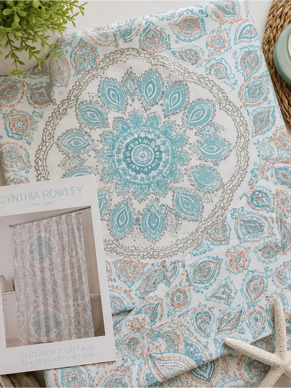 Cynthia Rowley Boho Medallion Shower Curtain Aqua Coral Paisley 72x72